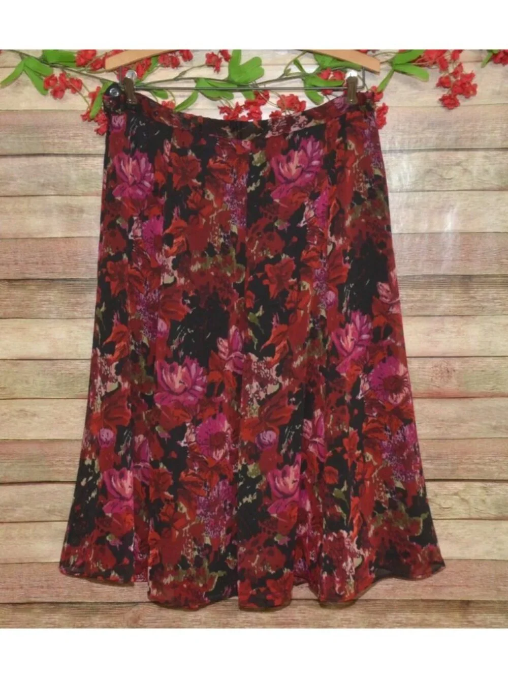 Coldwater Creek Skirt PM 10-12 Red Floral Midi A Line Lined Fall Boho Romantic